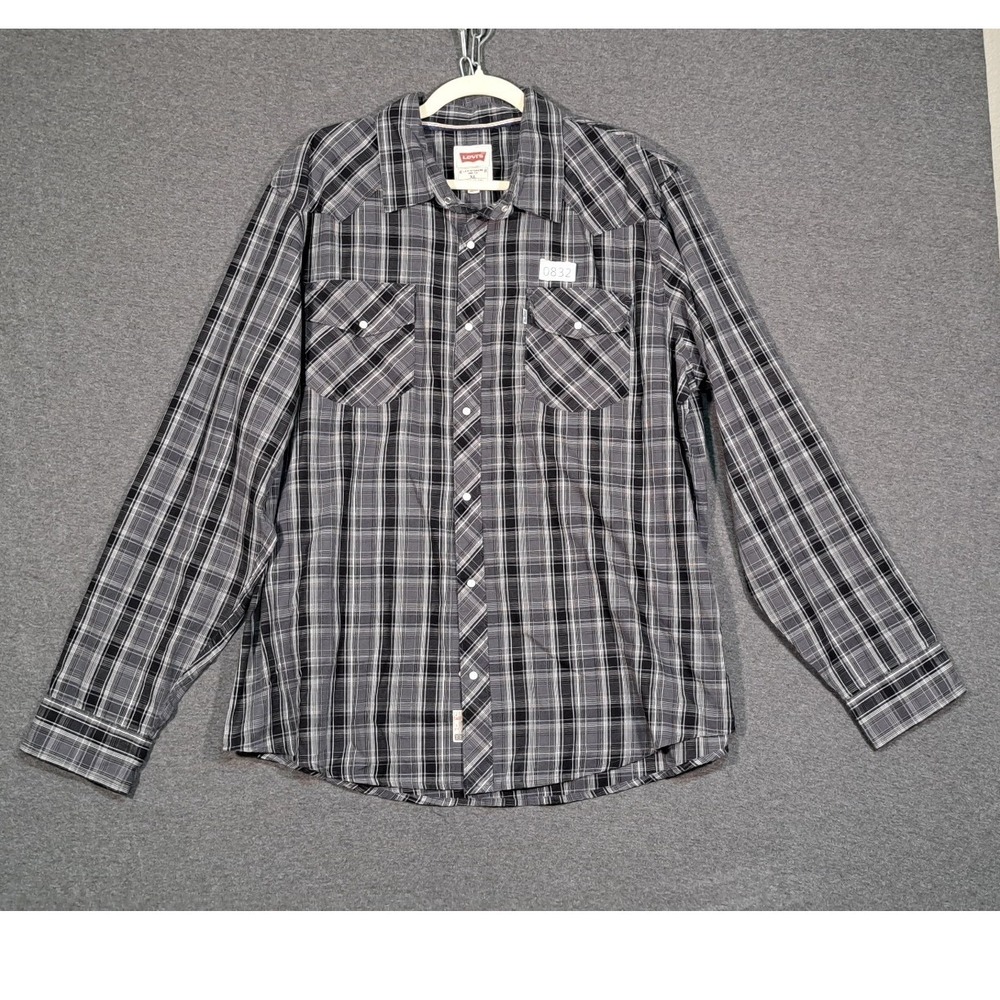 Levis Mens XL Regular Grey Black Plaid Western Snap Long Sleeve Shirt 3LMLW0073